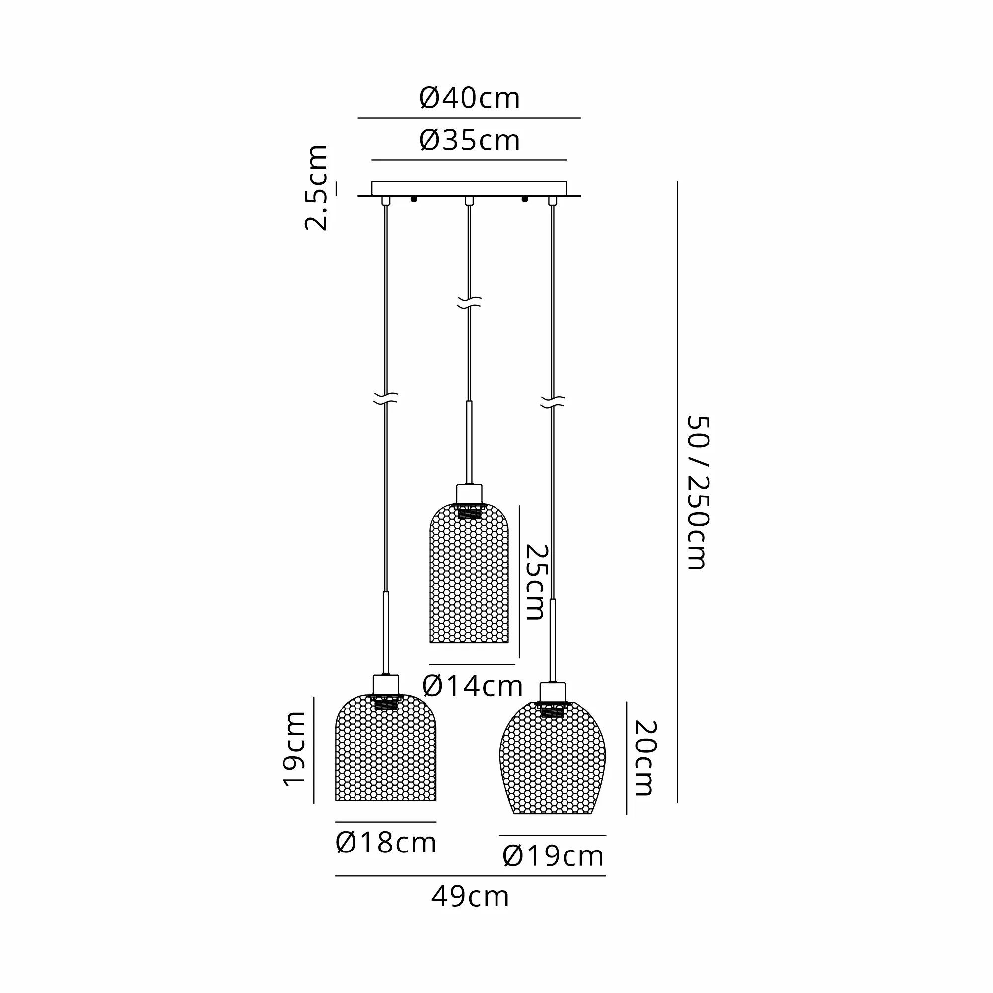 DK1280  Lori 40cm Round Pendant, 3 Light Adjustable E27, Polished Chrome/Matt Grey Various Patterned & Wine Shades